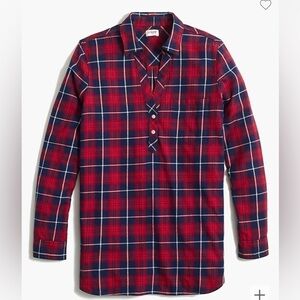 J. Crew Flannel Popover Tunic Red Navy Plaid Top Size Medium